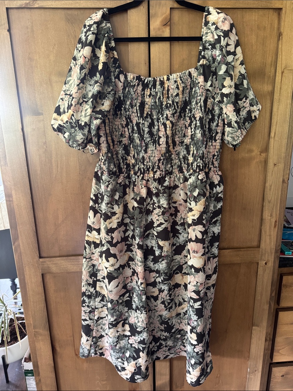 Maurice’s 1X Floral Puff Sleeve Smocked Midi Dress - Black & Blush
